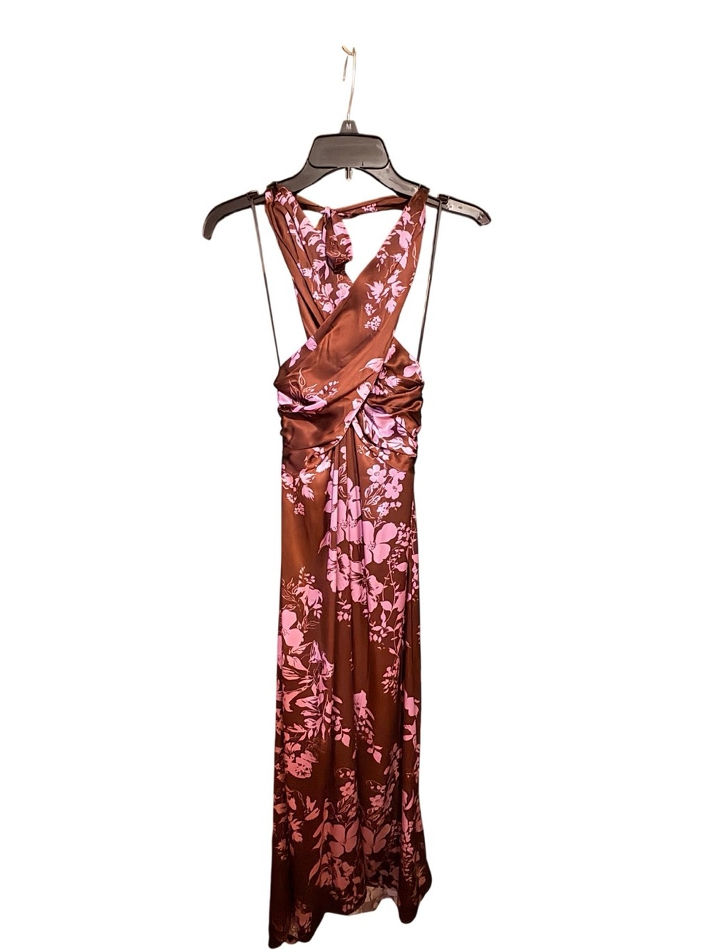 Pink Floral Brown Maxi Dress - Women's Elegant Evening Dress